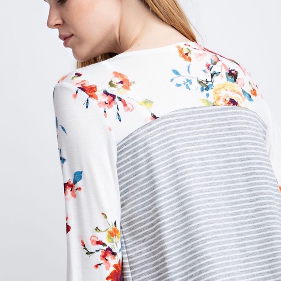 White Grey Floral Cardigan Shawl Striped Open - Picture 2 of 3